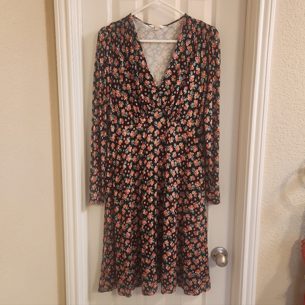 Boden Floral V-Neck Long Sleeve Dress